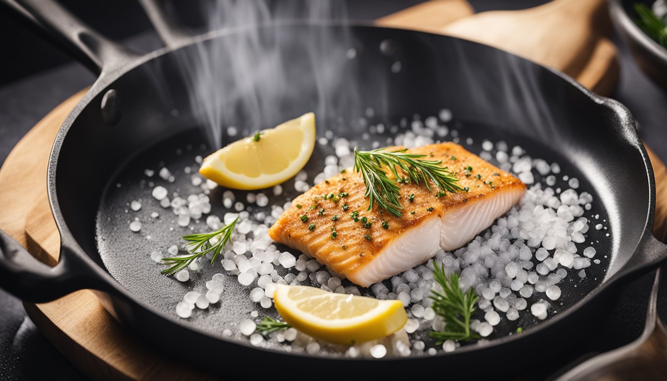 A fresh fish fillet is being seasoned with salt and pepper, then coated in flour before being fried in a sizzling pan