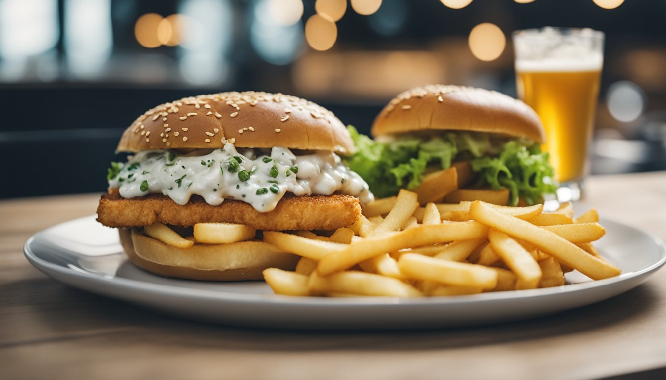 A fish butty sits on a plate, surrounded by a pile of crispy fries. The sandwich is overflowing with flaky fish and topped with a dollop of tartar sauce