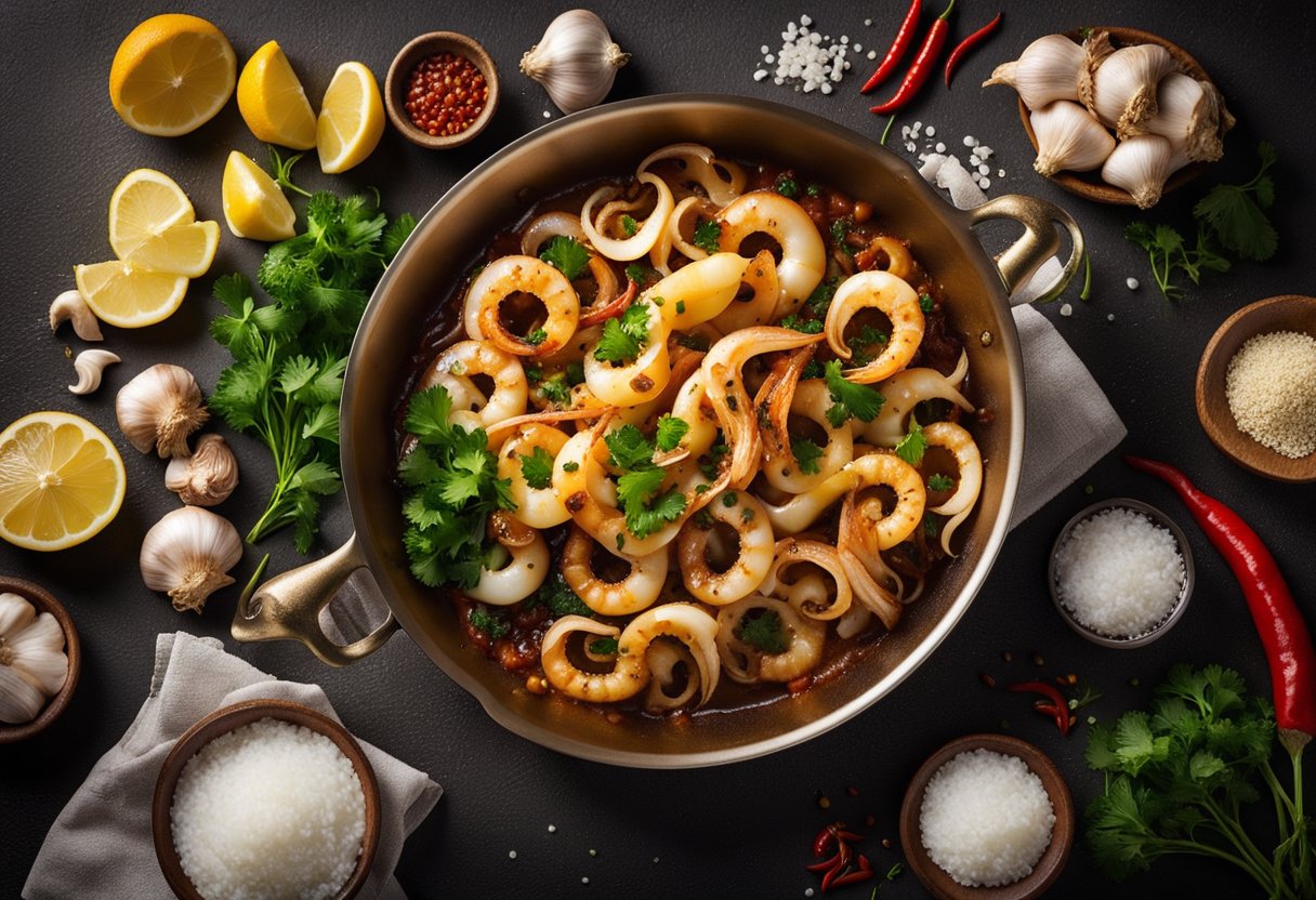 Golden-brown squid sizzling in a hot pan, surrounded by sizzling garlic, chili, and parsley. Lemon wedges and a sprinkle of sea salt nearby