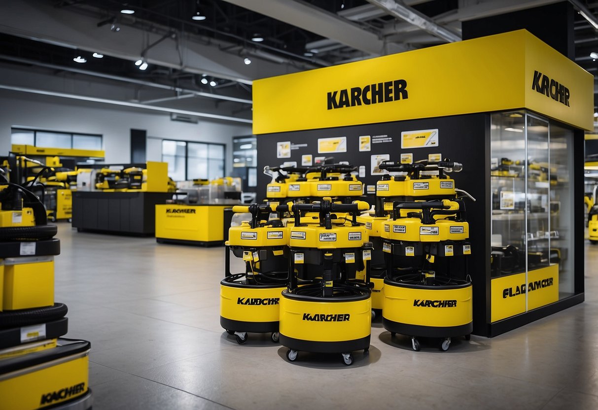 A variety of Karcher products displayed with promotional signage in a well-lit and organized showroom setting