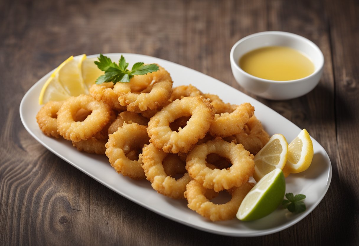 A plate of golden fried squid with a side of lemon wedges and a small dish of dipping sauce, accompanied by a card displaying the serving size and nutritional information
