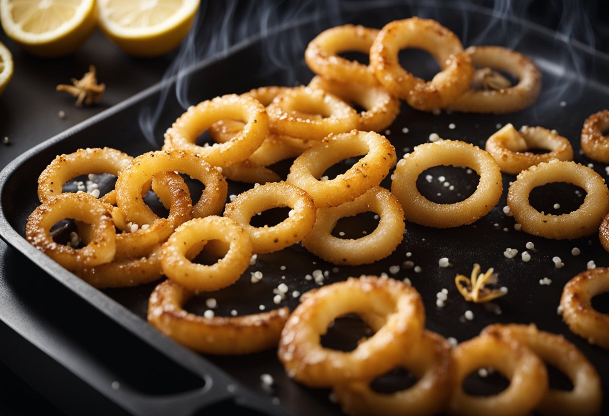 A sizzling hot pan fries up golden-brown squid rings, sizzling and crackling as they cook. A sprinkle of salt and a squeeze of lemon finish off the dish