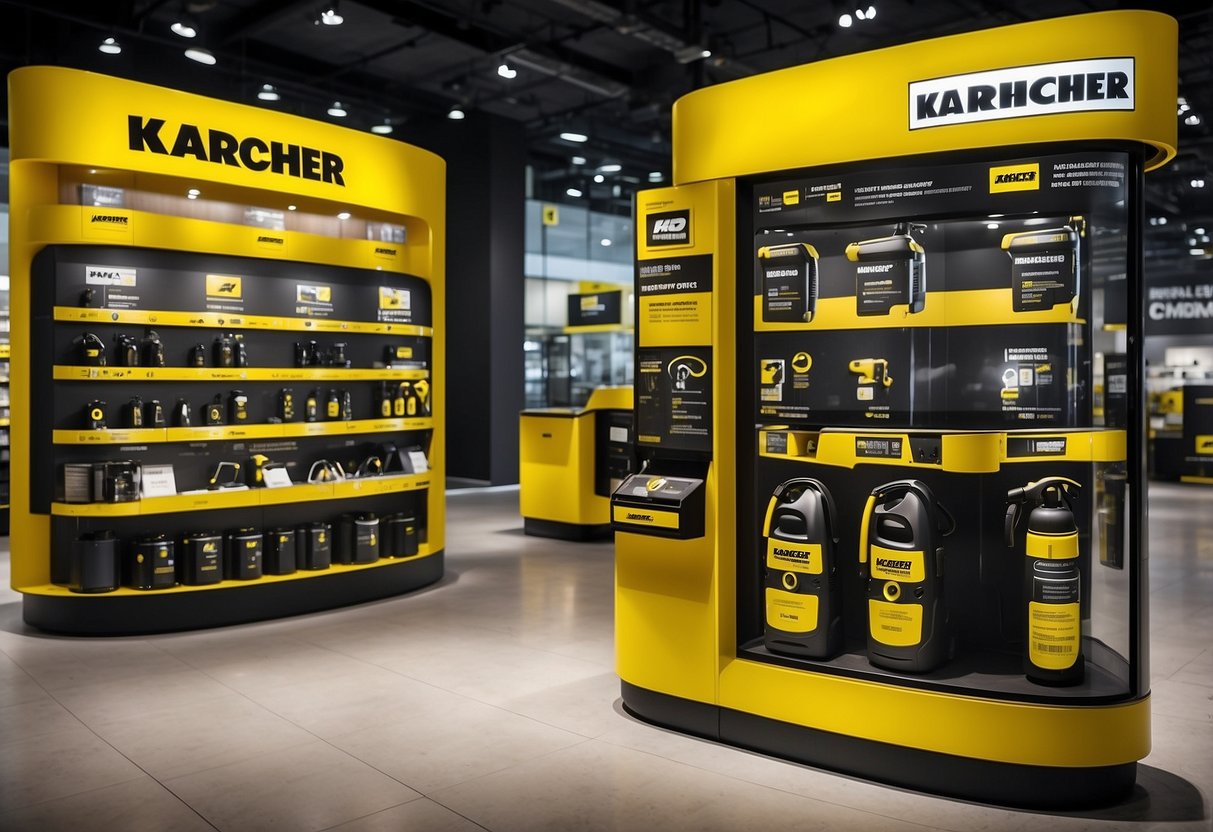 A bright and modern promotional display for Karcher products in Singapore, featuring prominently displayed frequently asked questions for customers