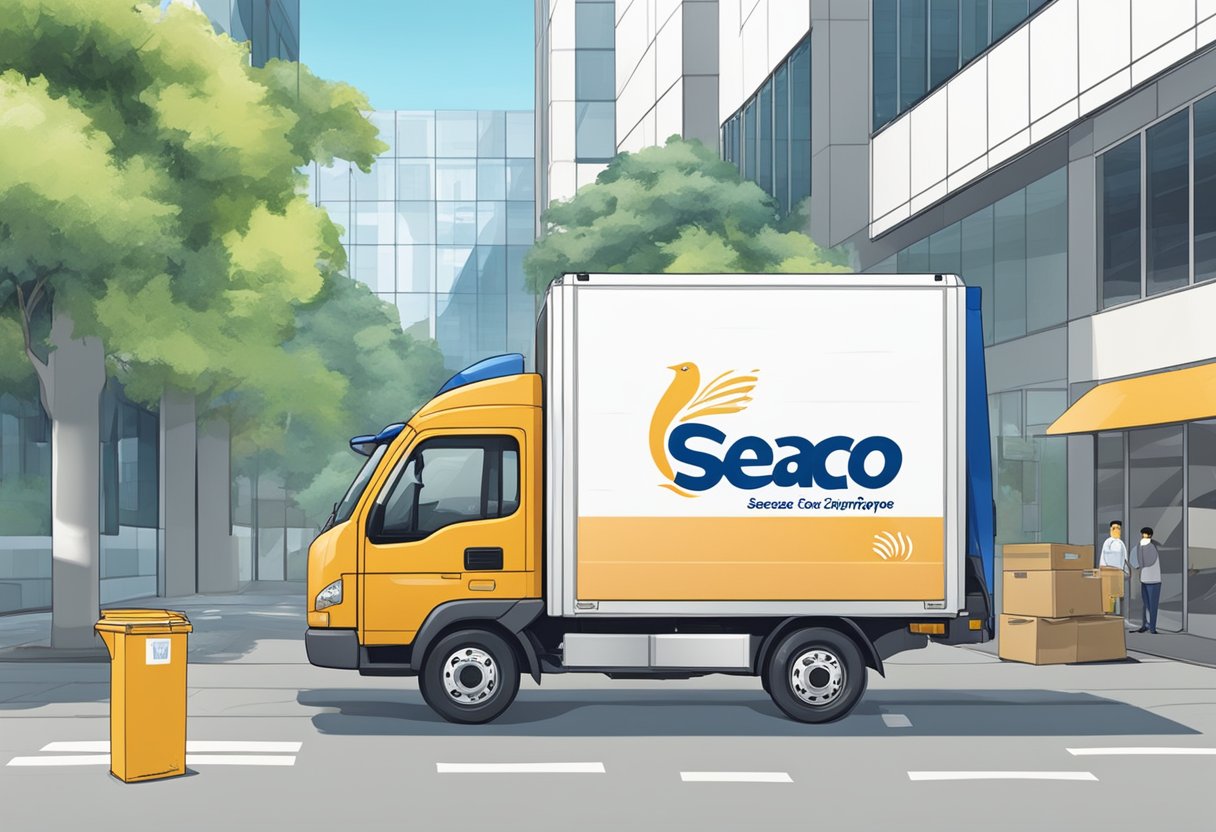 A delivery truck parks outside a modern building. A worker unloads boxes of frozen seafood labeled "Seaco" in Singapore