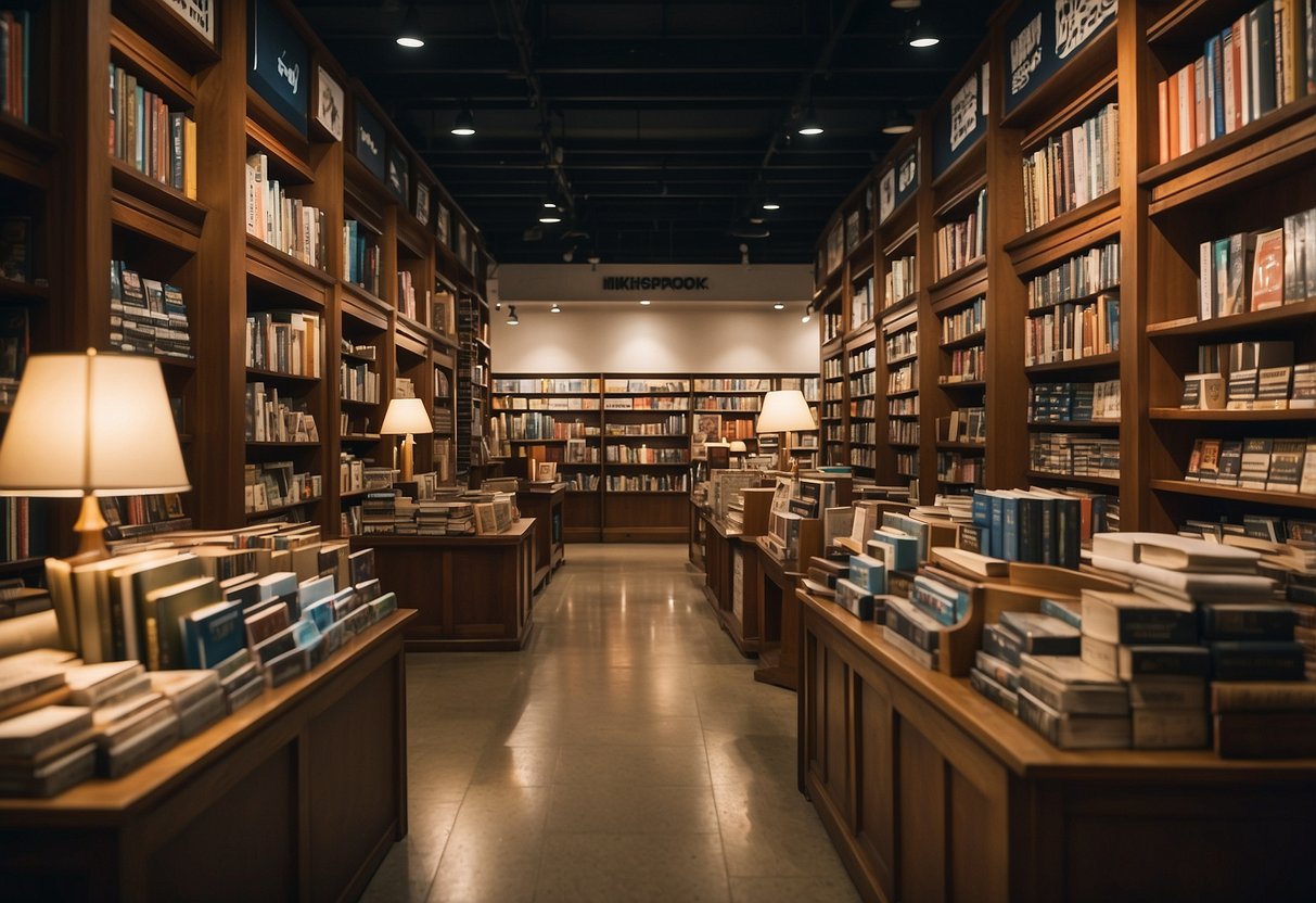 A bustling bookstore in Singapore, with colorful promotional displays and shelves stocked with a variety of books and stationery