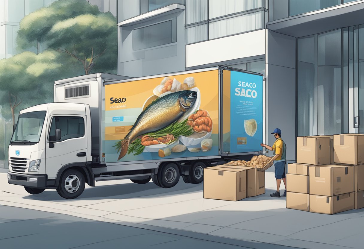 A delivery truck parked outside a modern building, with a person unloading boxes of frozen seafood labeled "Seaco" in Singapore