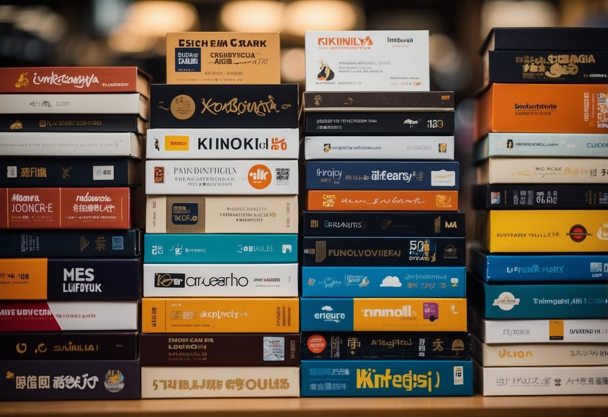 A stack of books with a Kinokuniya Privilege Card on top, surrounded by promotional signs and discount stickers