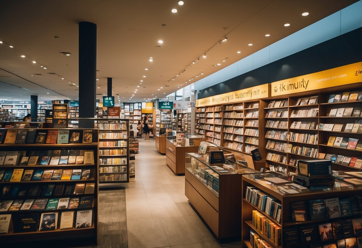 A bustling bookstore with colorful displays, signage, and customers browsing. A prominent "Frequently Asked Questions" section with Kinokuniya promotions in Singapore