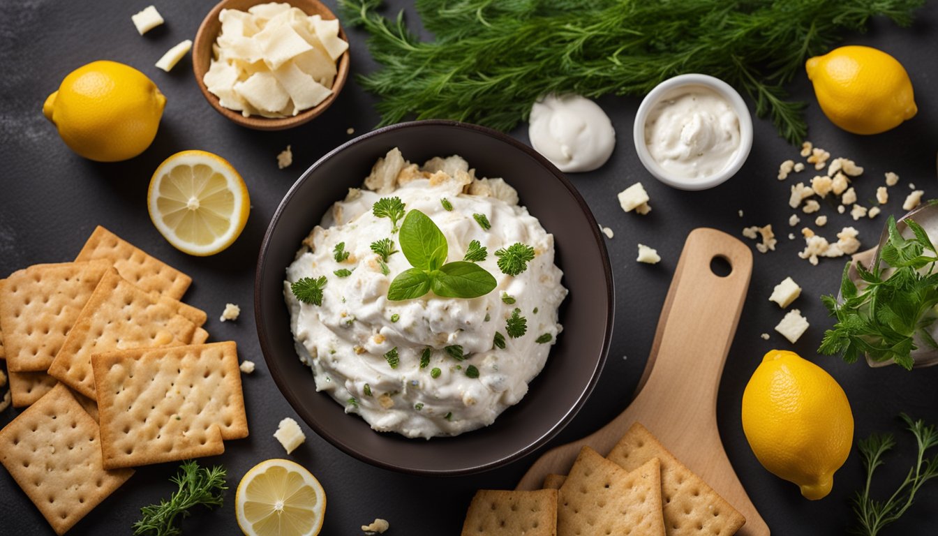 A bowl of cream cheese mixed with flaked fish, surrounded by ingredients like herbs, lemon, and crackers