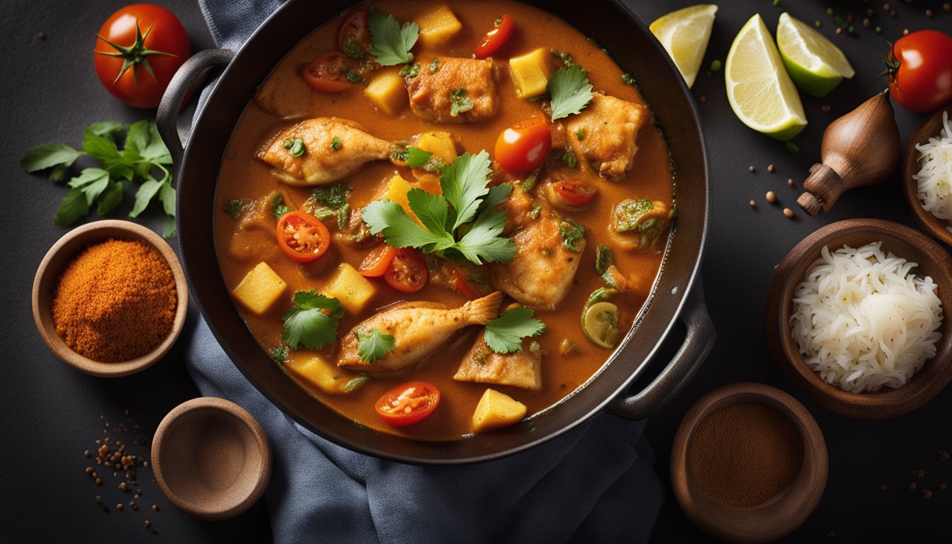 A pot simmering with spicy fish curry, surrounded by vibrant ingredients like tomatoes, onions, and aromatic spices