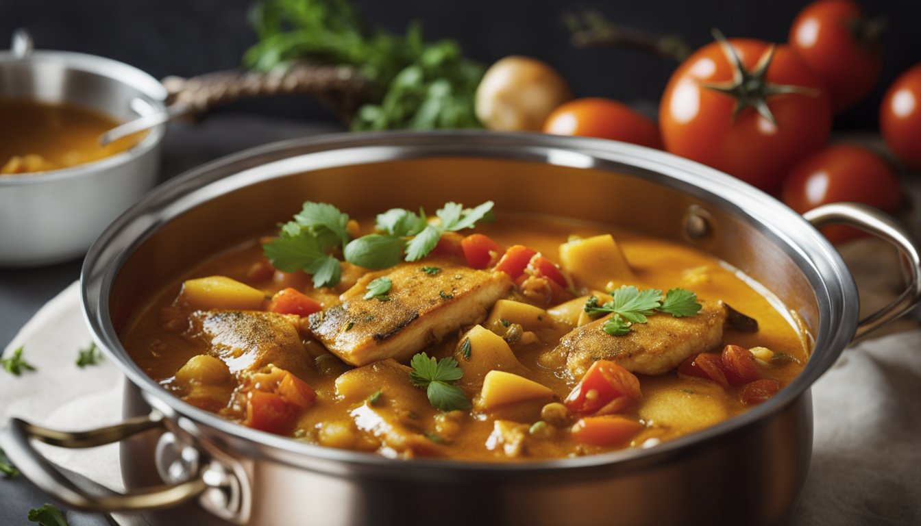 A pot simmering with fish, tomatoes, onions, and spices. Steam rises as the curry thickens. A spoon stirs the mixture, releasing a fragrant aroma