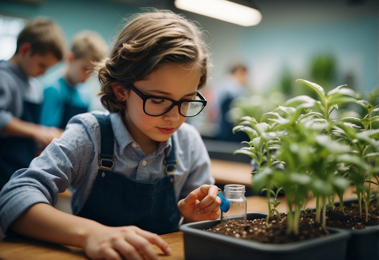 Students experimenting with chemical reactions, building simple machines, and observing plant growth in a vibrant classroom setting