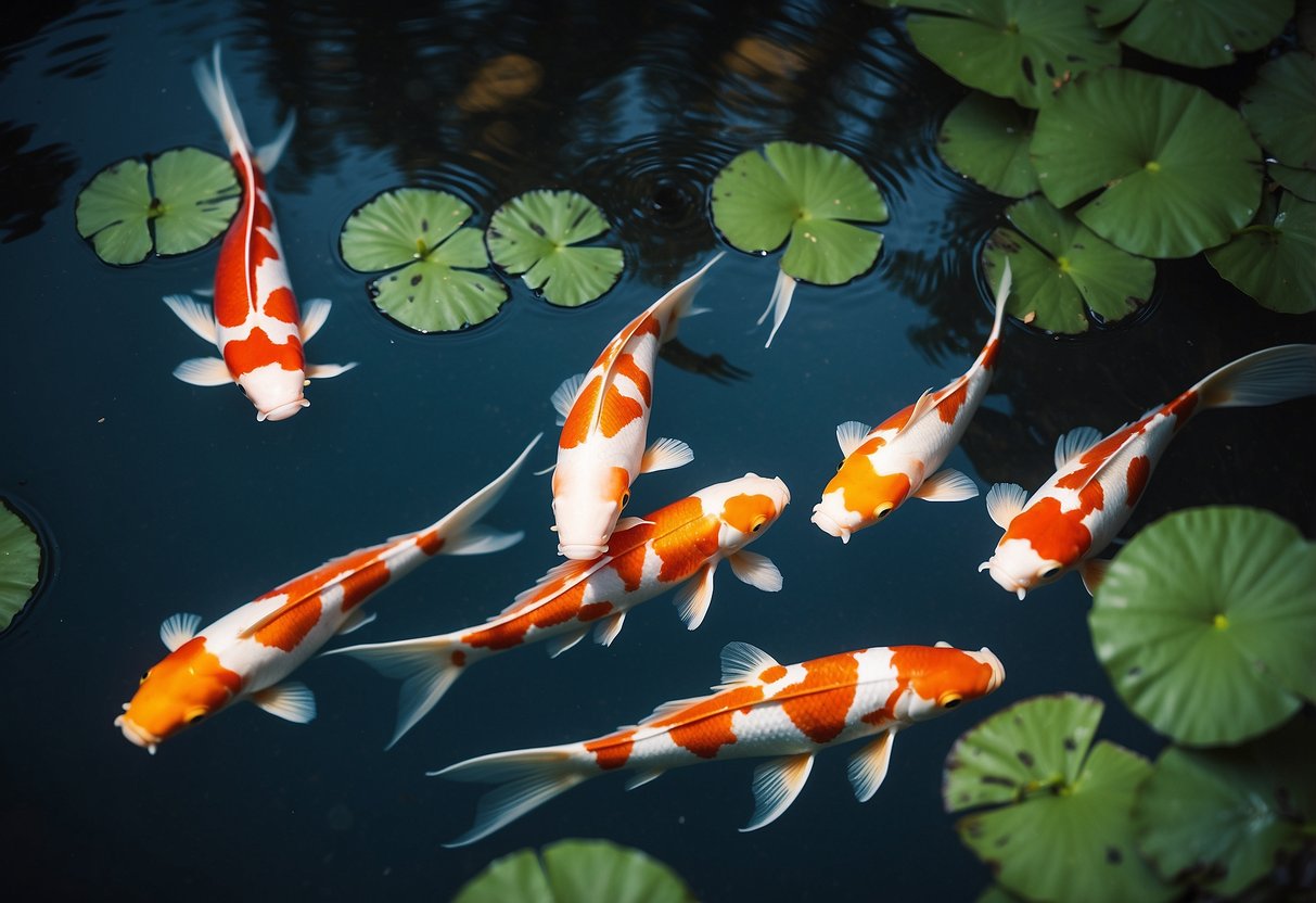 Vibrant koi fish swim in a serene pond, surrounded by lush greenery and colorful blossoms