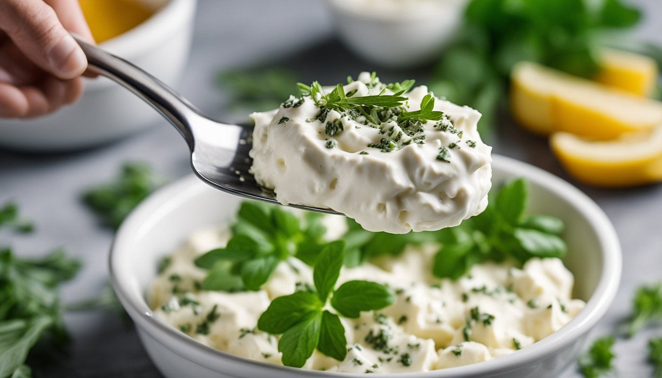 A bowl of cream cheese, chopped herbs, and spices being mixed together with a spatula