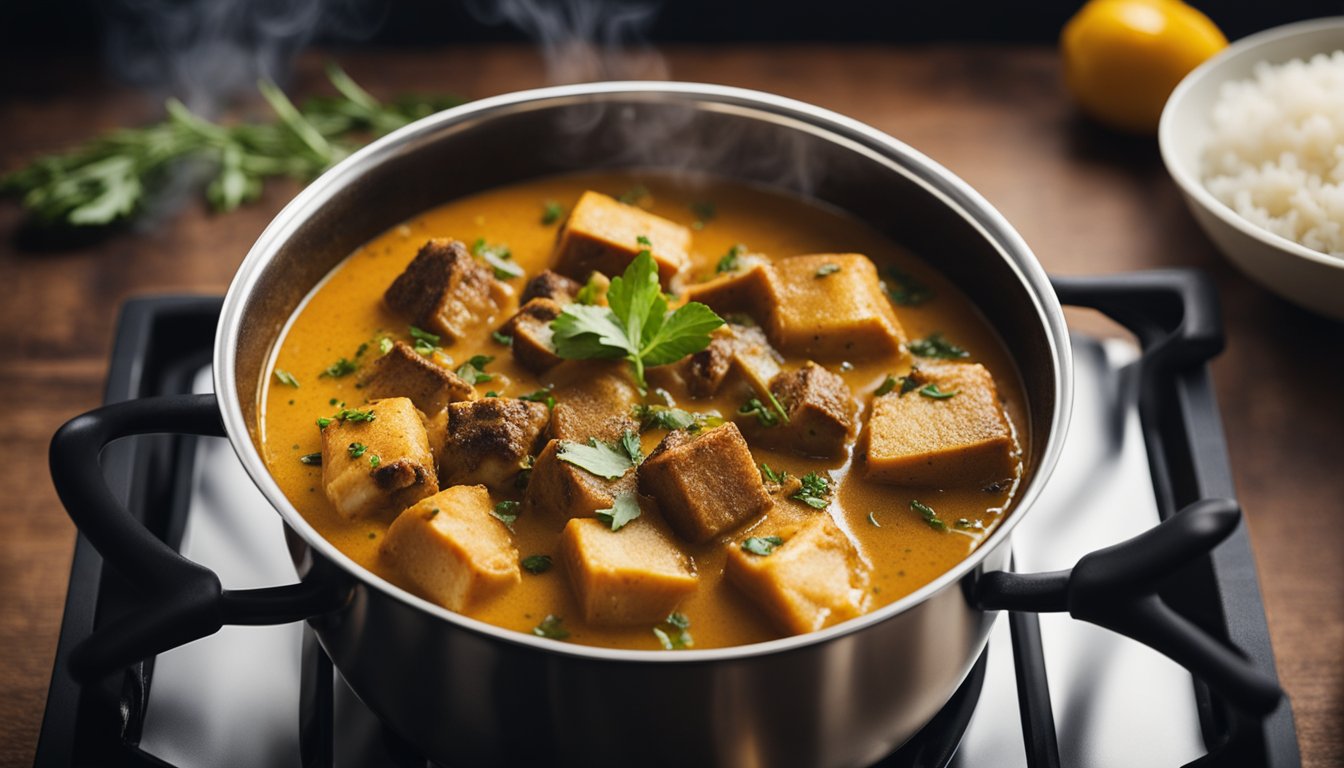 A pot simmers on a stove, filled with aromatic spices and chunks of tender fish. Steam rises as the curry thickens, filling the kitchen with a tantalizing aroma