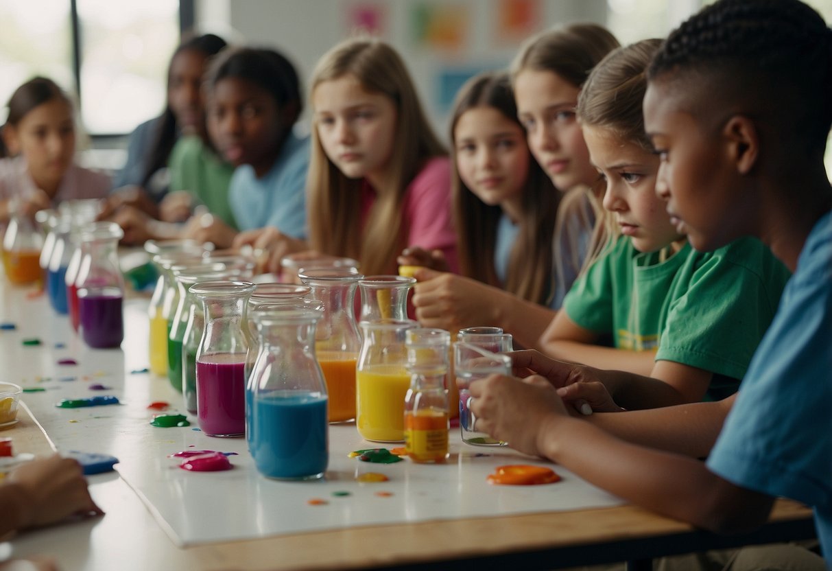 A group of 6th graders gather around a table, mixing colorful paints with test tubes and beakers. A microscope sits nearby, capturing their attention as they explore the intersection of art and science