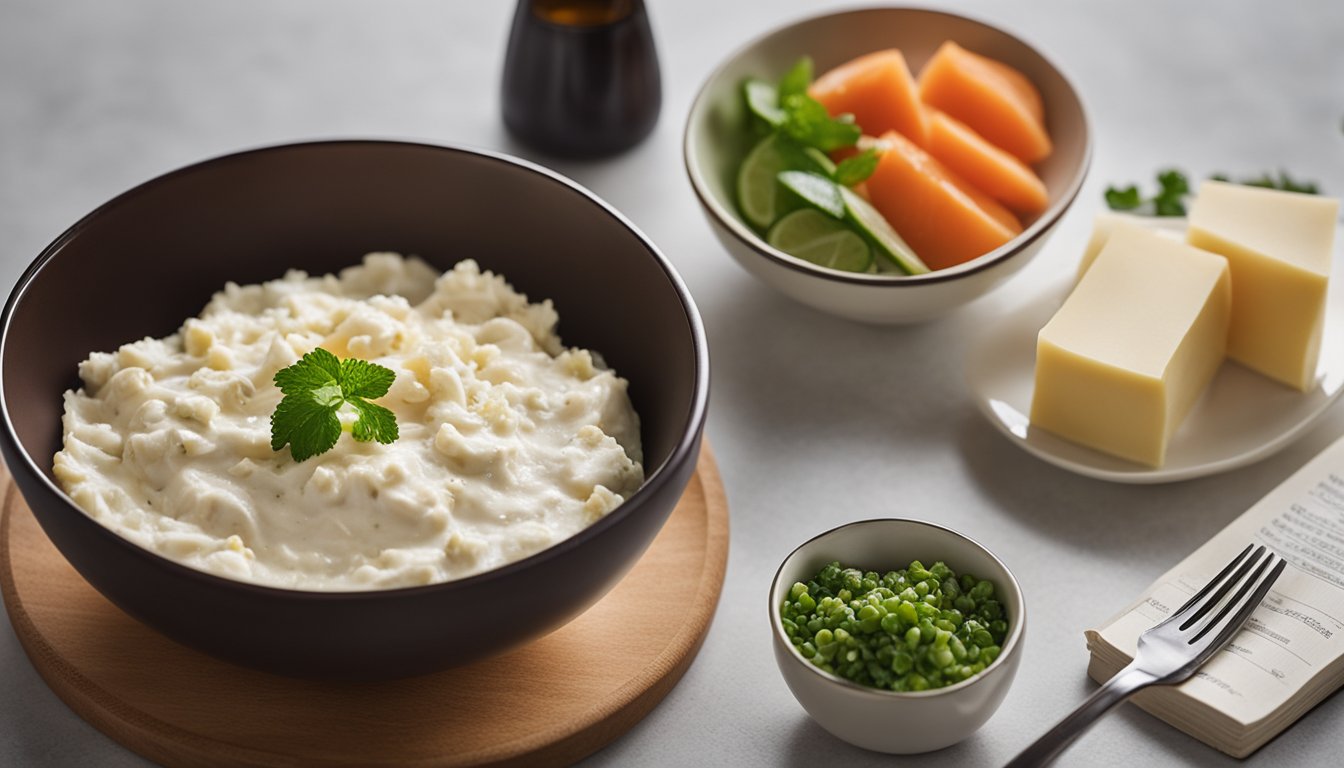 A bowl of fish and cream cheese mixture with a spoon, surrounded by ingredients and a recipe book, on a kitchen counter