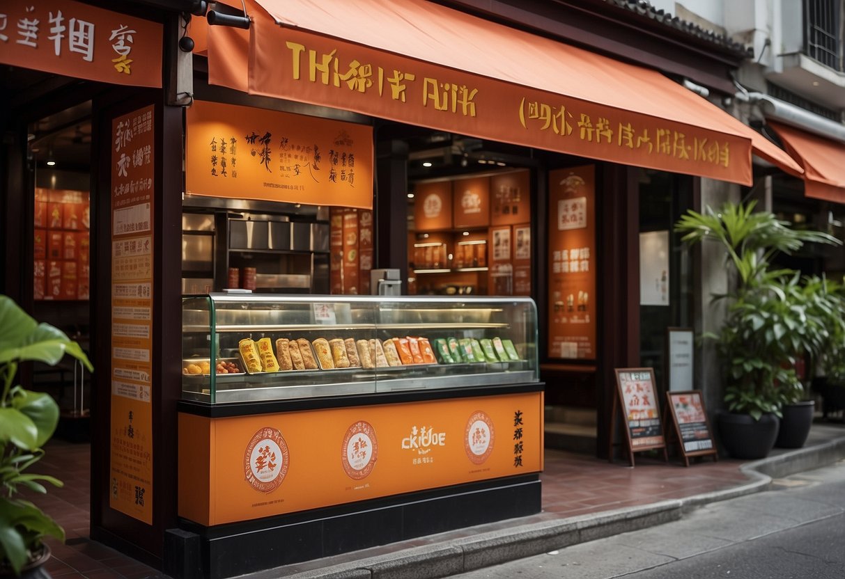 A colorful display of promotional signs and banners outside Koi Thé in Singapore, with vibrant illustrations of their exclusive drink deals