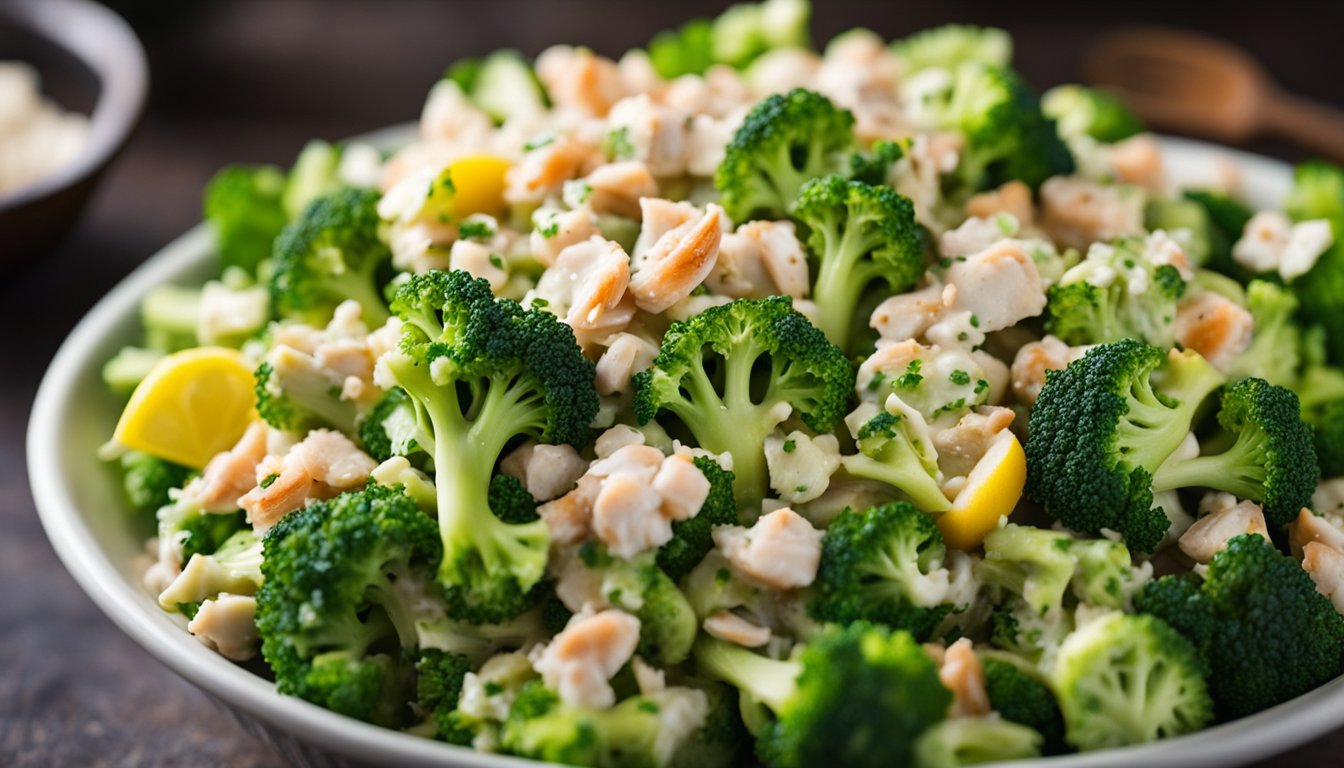 A bowl of broccoli crab salad with vibrant green broccoli florets and chunks of crab meat, mixed together with a creamy dressing, garnished with a sprinkle of herbs and a squeeze of lemon