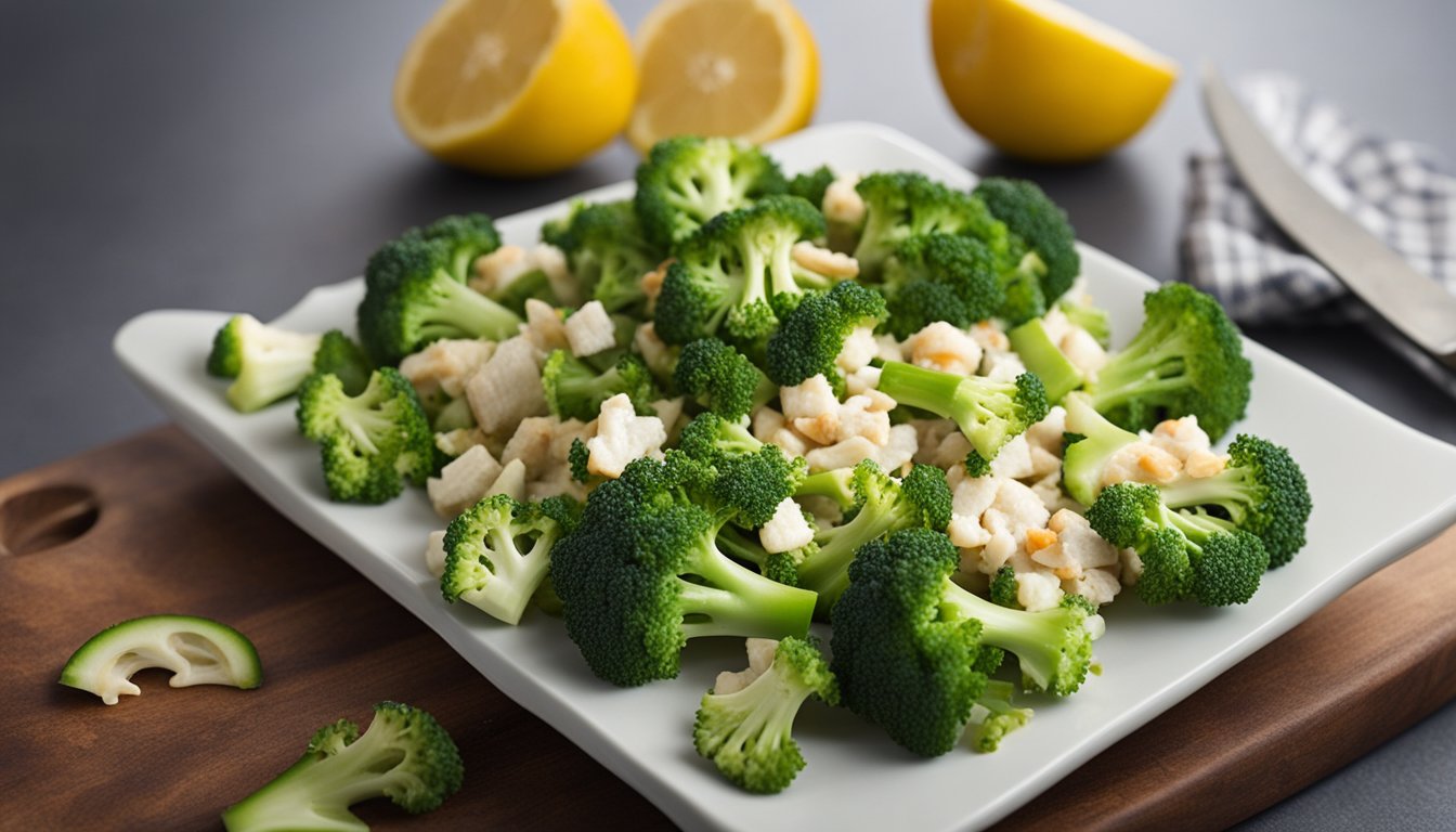 A cutting board with fresh broccoli, crab meat, and assorted ingredients arranged for making a broccoli crab salad