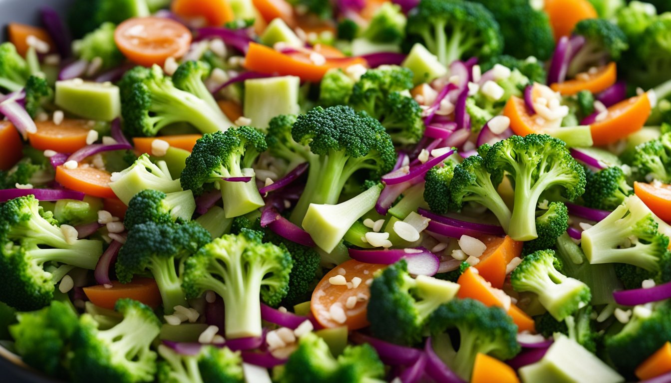 Broccoli florets, shredded crab meat, and diced vegetables are being mixed together in a large bowl to create a vibrant and colorful salad