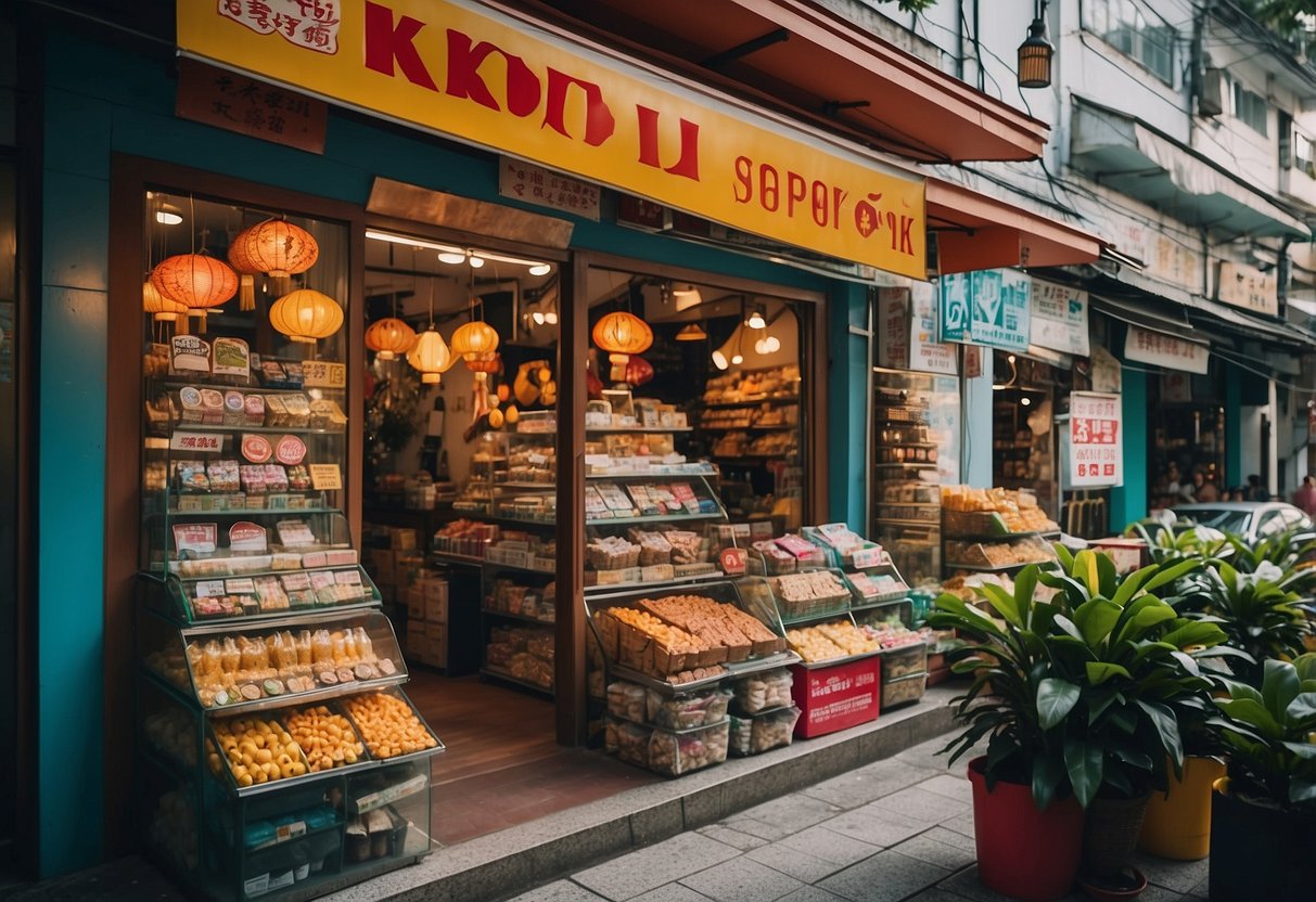 A bustling street with colorful storefronts and bright signage showcasing "Sweet Deals" and "Koi Promotions" in Singapore