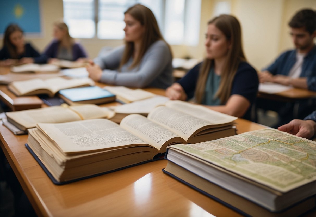 A classroom with books, maps, and writing materials. Students engaged in reading and discussing literature and social studies topics