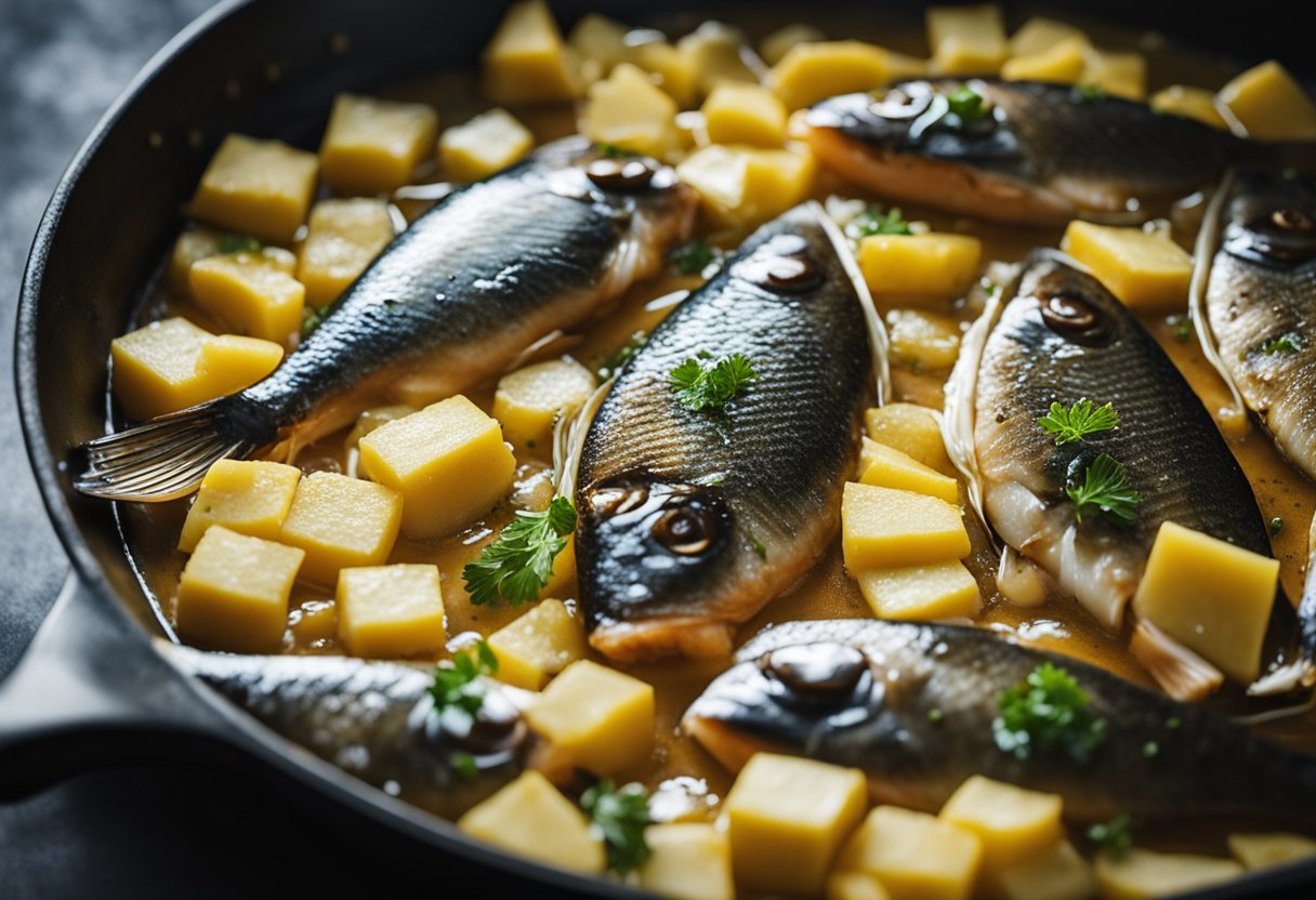 Fish sizzling in butter in a hot pan. Butter bubbling around the edges as the fish cooks