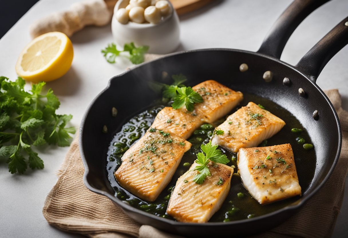Fish sizzling in a pan of bubbling butter. Spatula flipping the fish as it cooks