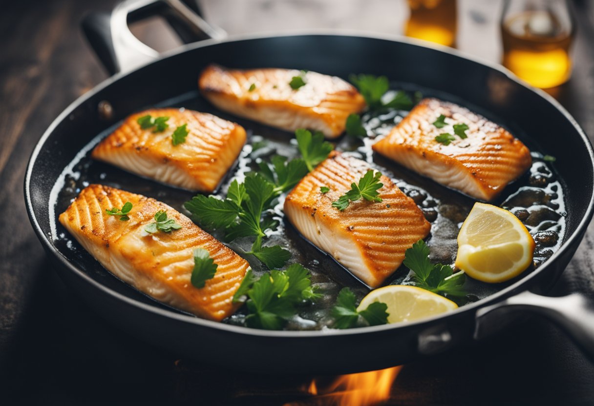 Fish sizzling in a pan of bubbling butter