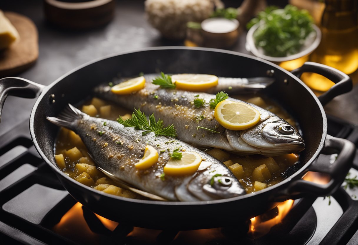 Fish sizzling in a pan of bubbling butter. Steam rises as the fish cooks, filling the air with a savory aroma