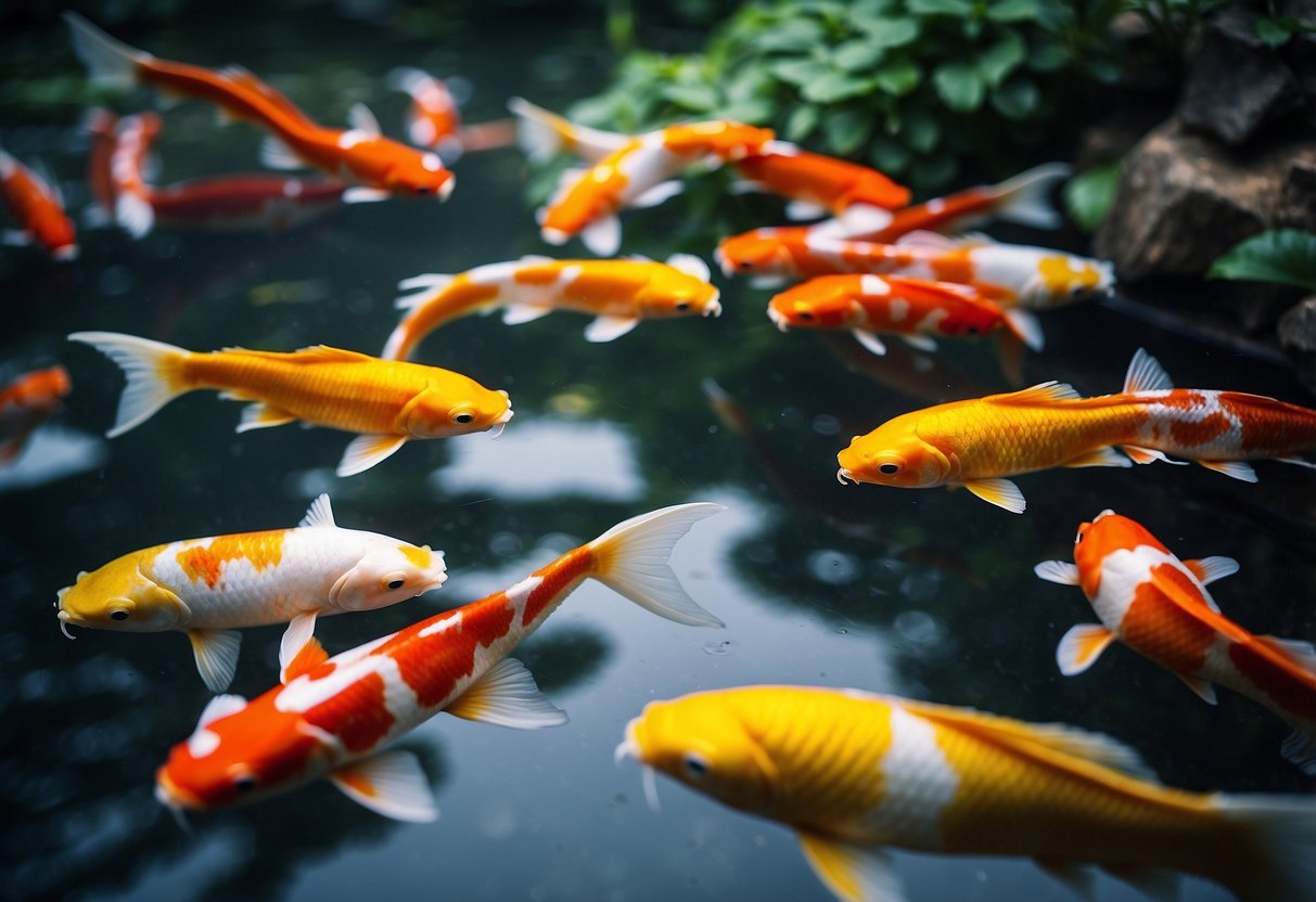 A colorful koi pond with promotional banners in Singapore