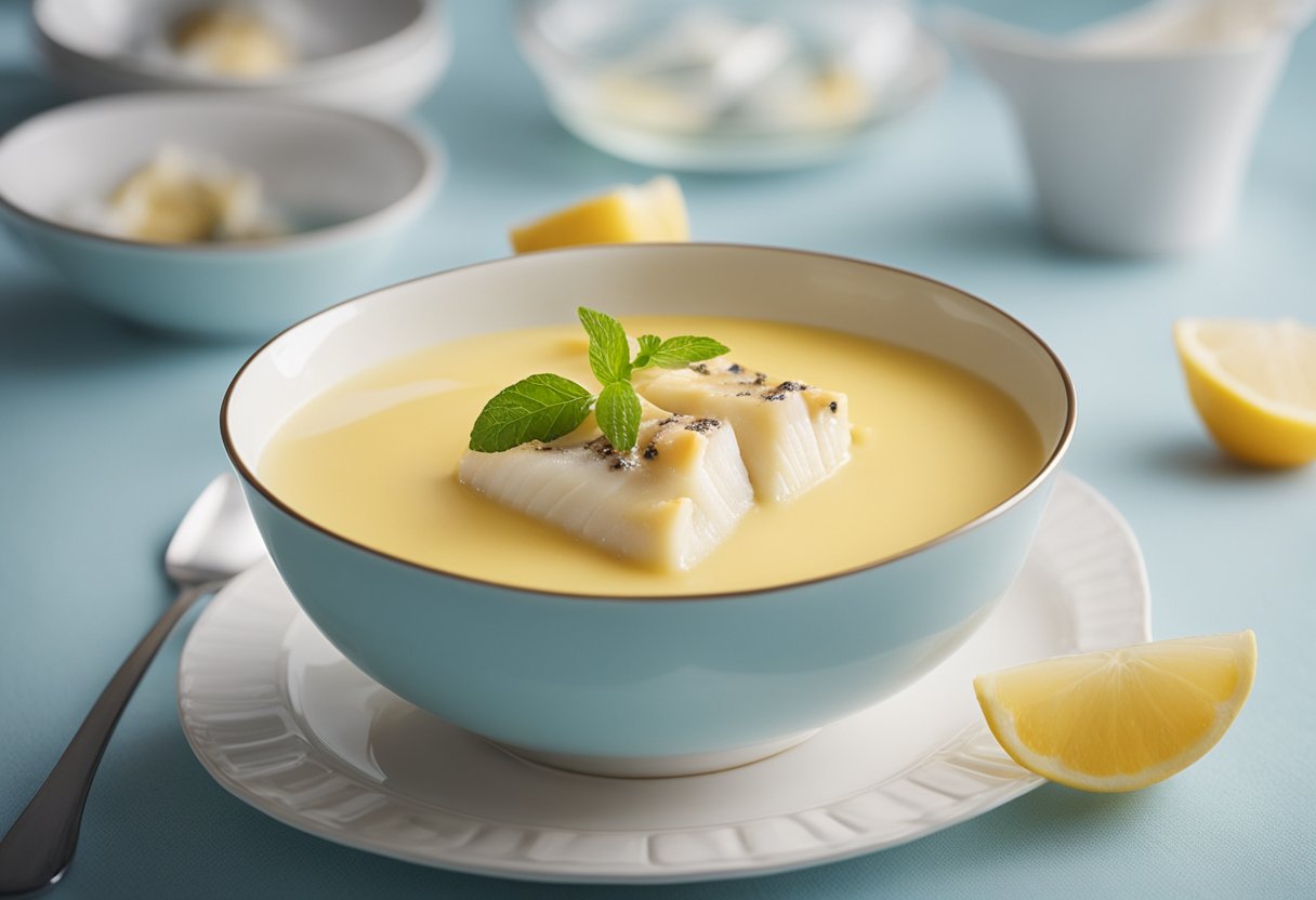 A bowl of custard with fish swimming inside