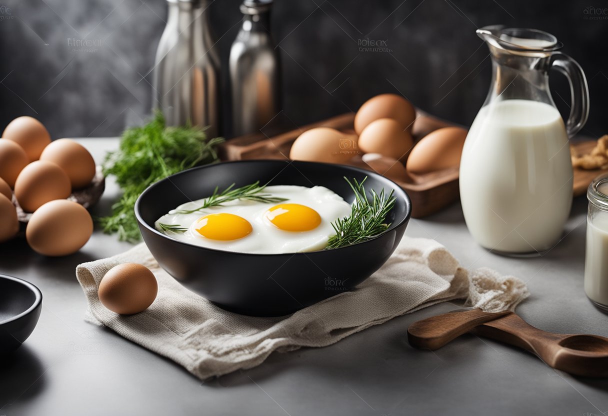 A bowl of eggs, milk, and fish. A whisk and a pot on the stove. Ingredients laid out on a clean countertop