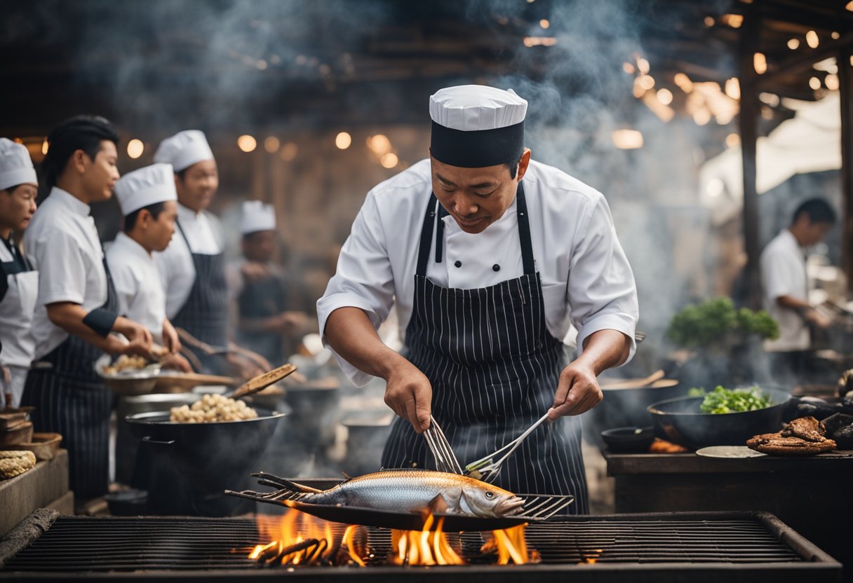 A chef grills galunggong fish on an open flame, surrounded by various ingredients and cooking utensils. Smoke rises as the fish sizzles on the hot grill