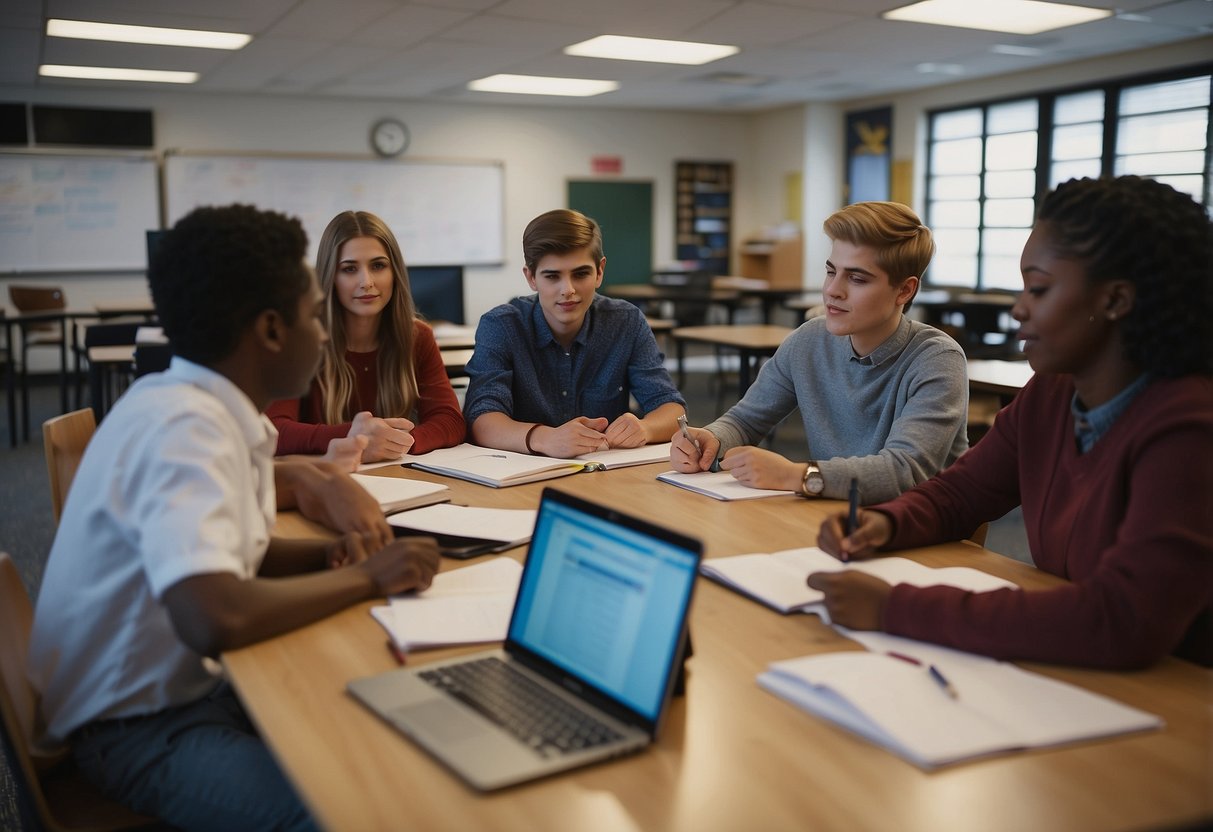 Students engage in group discussions, research, and note-taking. Textbooks and writing materials are scattered on desks. A teacher facilitates the lesson