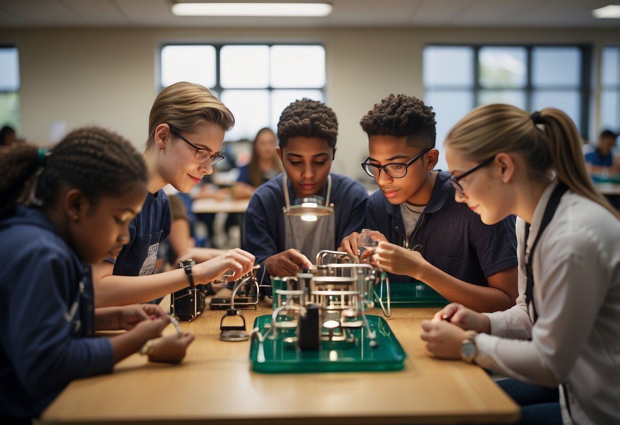 Students engaged in hands-on activities, experimenting with science equipment, and working collaboratively on projects in a vibrant classroom setting