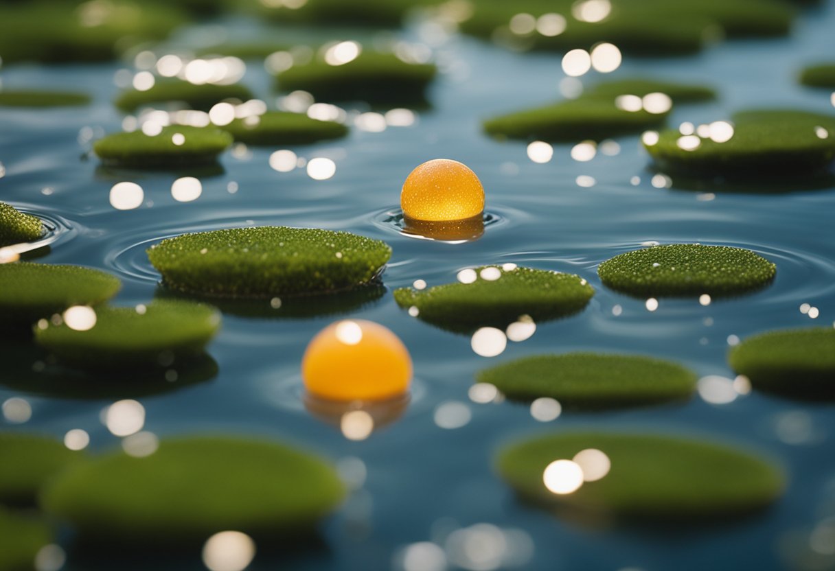 Fish eggs floating in a clear, glassy stream, varying in size, shape, and color, with some attached to aquatic plants