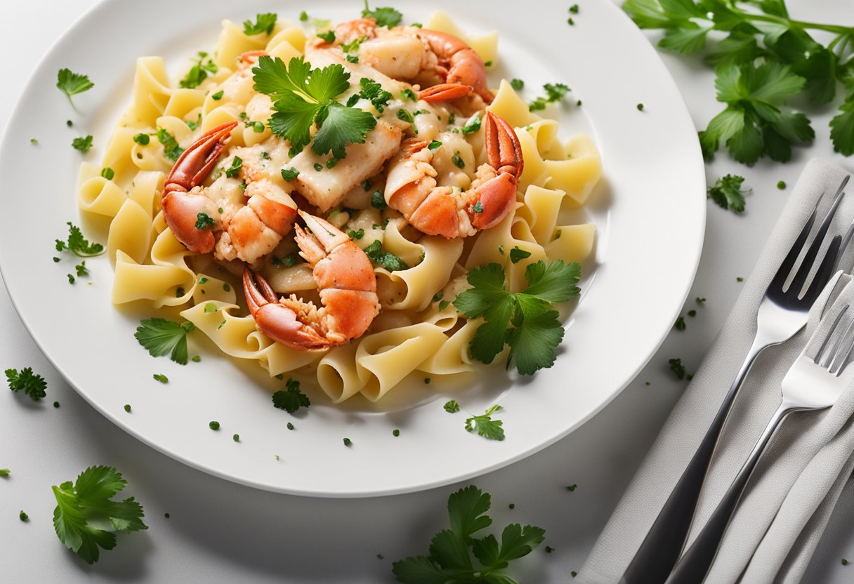 A steaming plate of garlic butter lobster pasta on a white table with a fork and a sprinkle of fresh parsley
