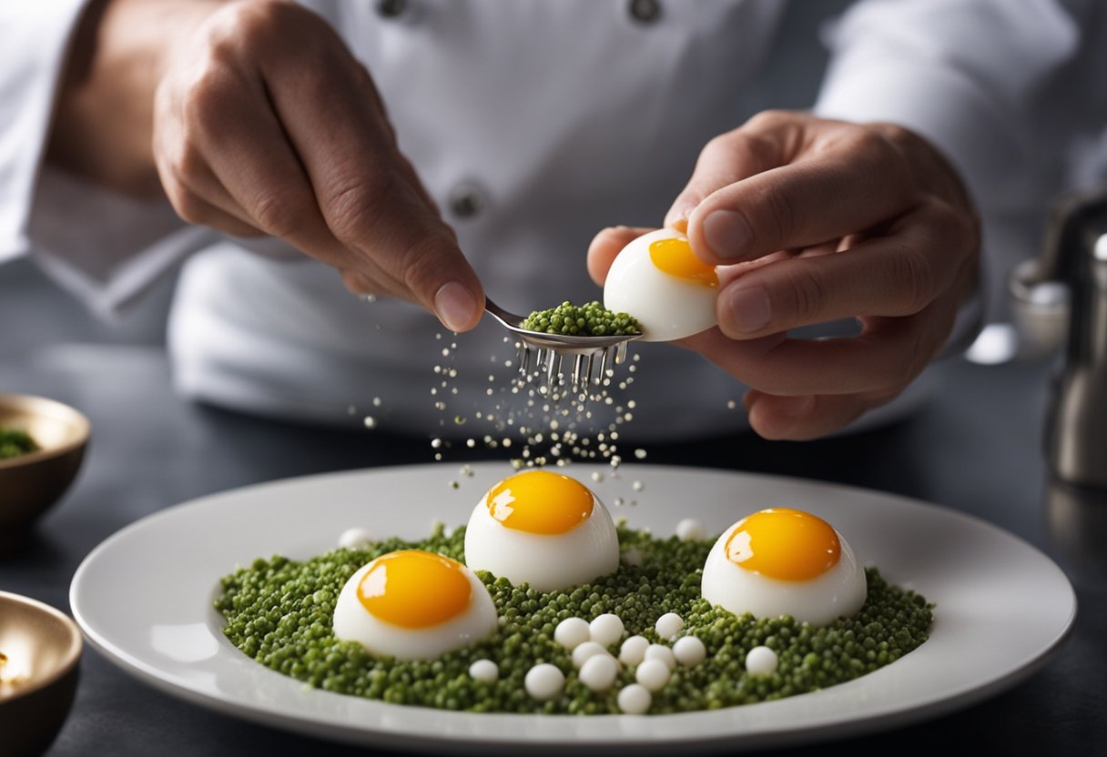 A chef sprinkles fish eggs onto a dish, highlighting their culinary uses. The eggs are rich in omega-3 and protein, promoting health benefits