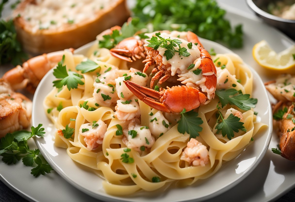A steaming plate of garlic butter lobster pasta with a rich, creamy sauce, topped with succulent pieces of lobster and sprinkled with fresh herbs