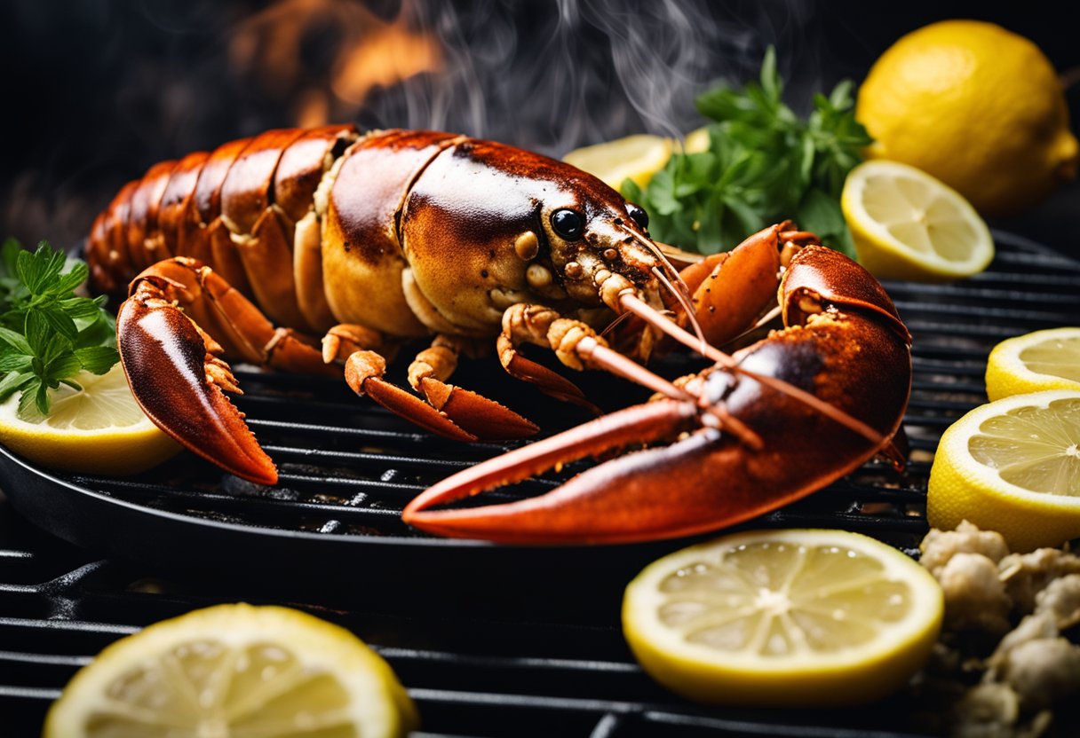 A lobster sizzling on a grill, surrounded by lemons and herbs, with a golden brown crust and juices bubbling