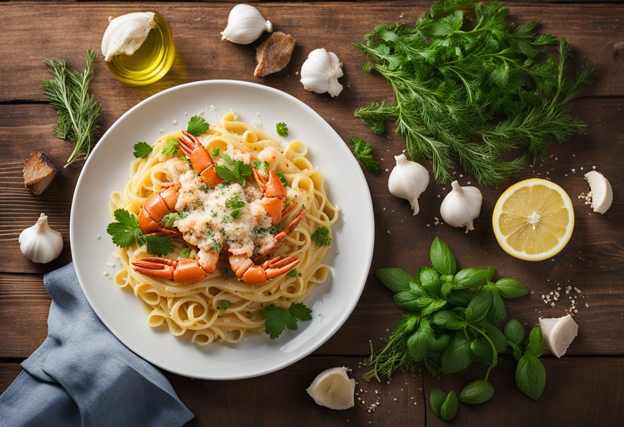 A steaming plate of garlic butter lobster pasta, garnished with fresh herbs and a sprinkle of parmesan, sits on a rustic wooden table