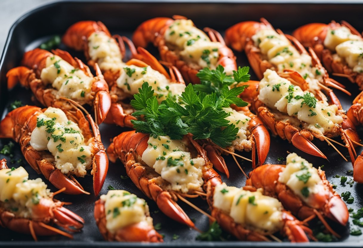 Lobster tails arranged on a baking tray, brushed with melted butter and sprinkled with herbs, ready to be broiled