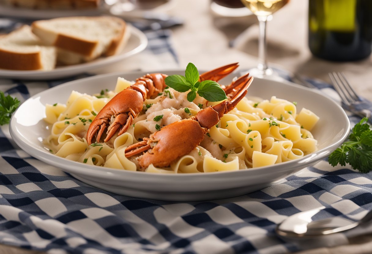 A steaming plate of garlic butter lobster pasta with a side of bread and a glass of white wine on a checkered tablecloth