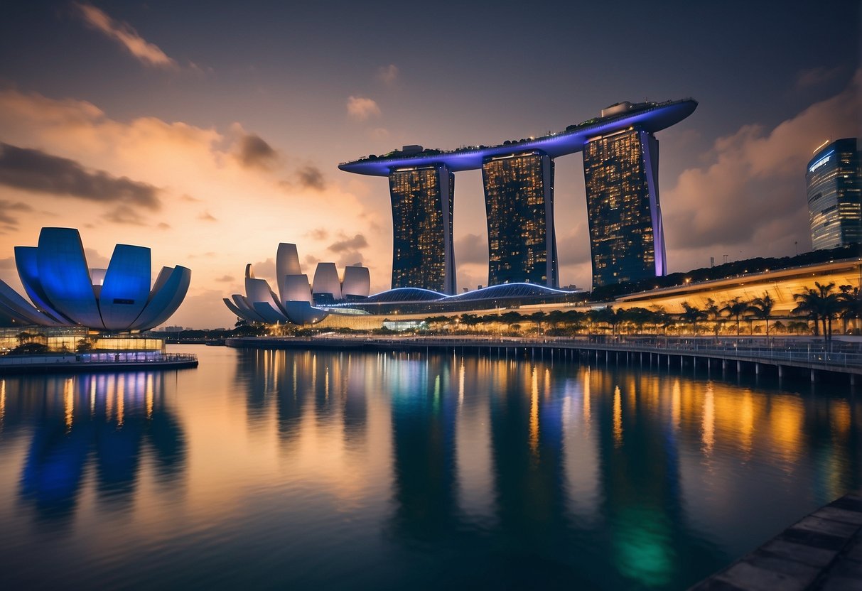 Vibrant cityscape of Singapore's Marina Bay with iconic buildings and skyline. Bright lights and bustling activity of ML 10 promotions