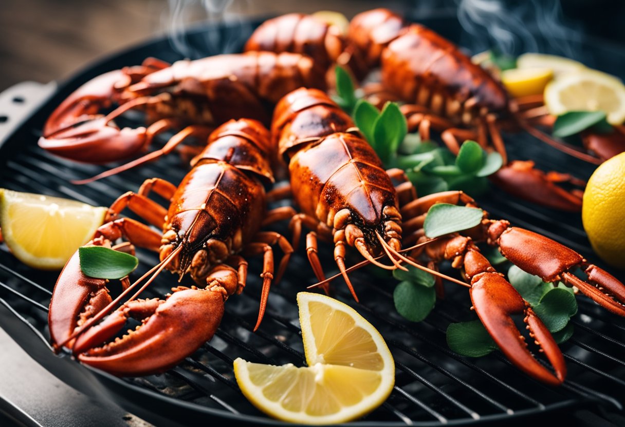 Lobster sizzling on a grill, steam rising. A platter of succulent broiled lobster, garnished with lemon, ready to be served