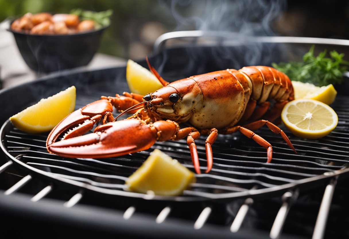 A lobster sizzling on a grill with steam rising, surrounded by ingredients like butter, lemon, and herbs