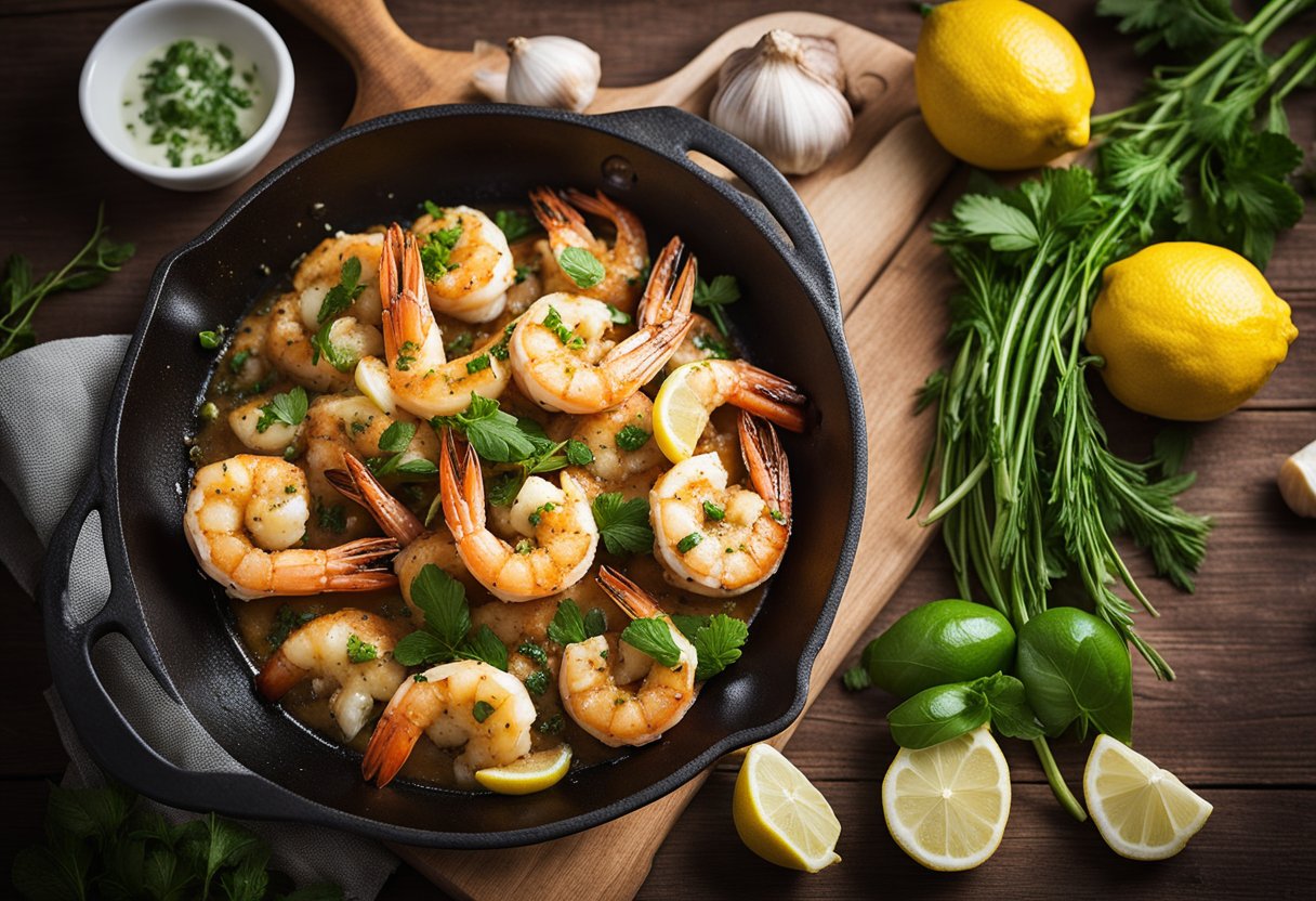 A skillet sizzles with garlic butter prawns, surrounded by fresh herbs and lemon wedges on a wooden cutting board