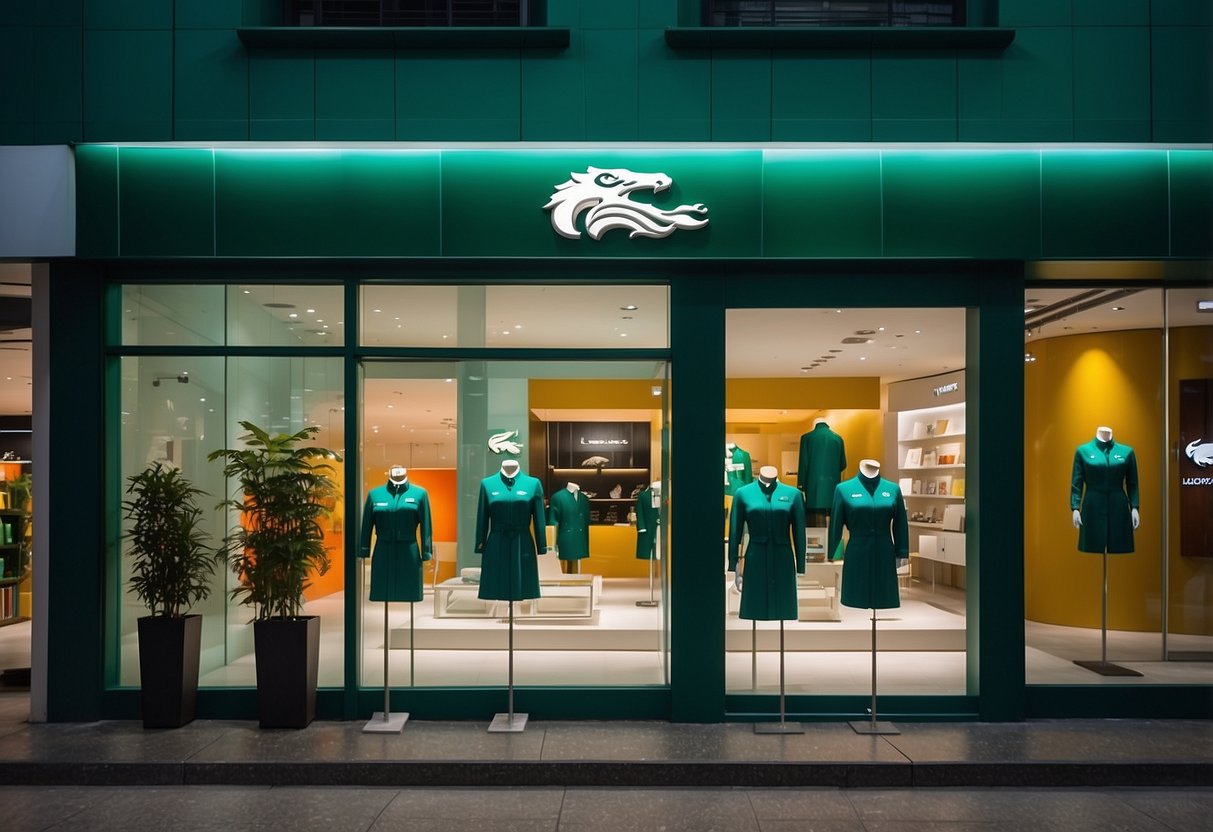 Vibrant Lacoste storefront in Singapore with eye-catching displays and promotional signage. Bright colors and sleek designs draw in passersby